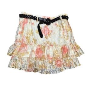 Wrapper Floral Lace Tiered Skirt with Belt